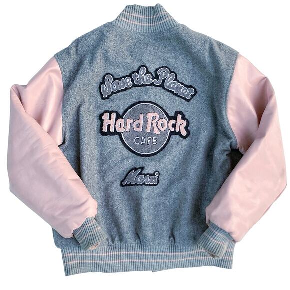 Vintage Hard Rock Maui Varsity Jacket | Pink & Gray Wool | Y2K Streetstyle | M - Picture 2 of 16